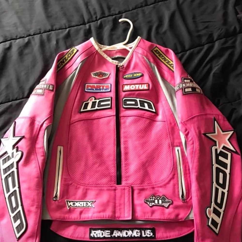 Real pink Leather icon motorcycle jacket